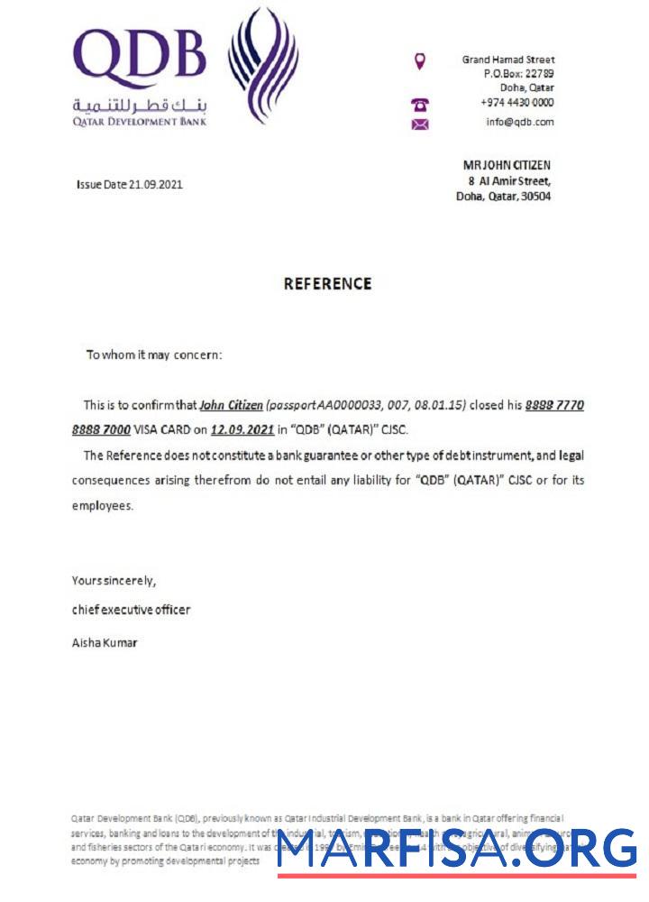 Realistic Qatar Development bank closure reference example